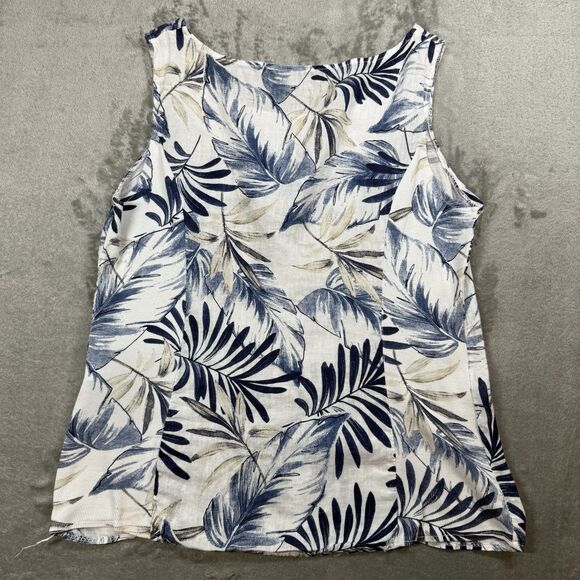 Linen Shirt Womens 2XL White Blue Floral Hawaiian Print Sleeveless Button Summer - Picture 2 of 5